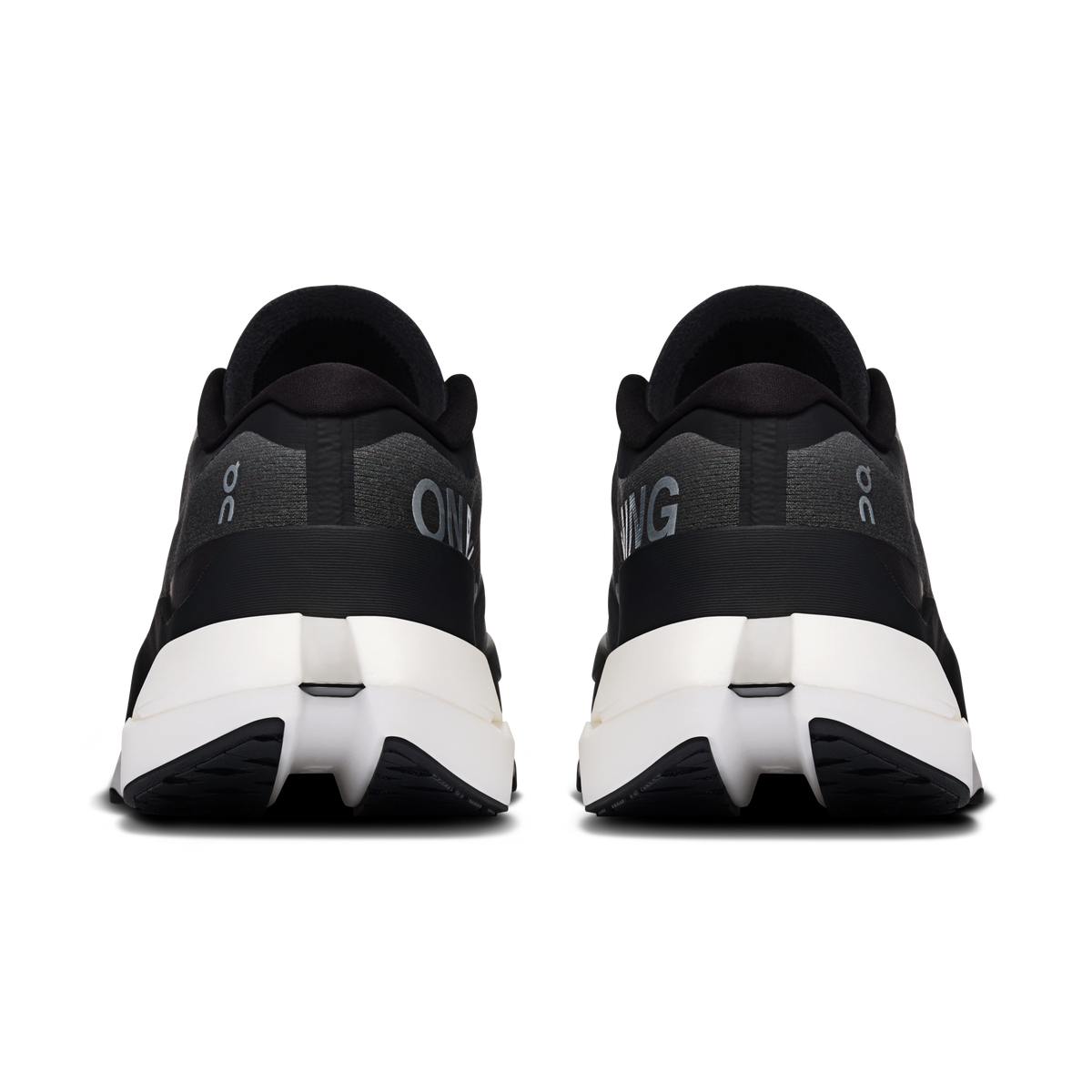 On Cloudboom Max men's running shoes, black heel with white midsole and logo
