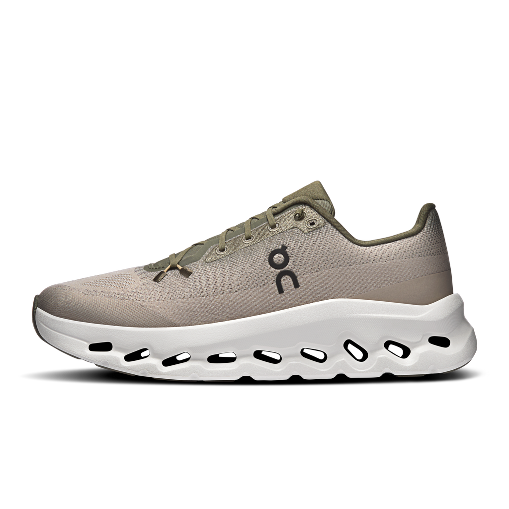 Men's Cloudtilt sneakers in tan with olive collar, lace-up design, white CloudTec sole