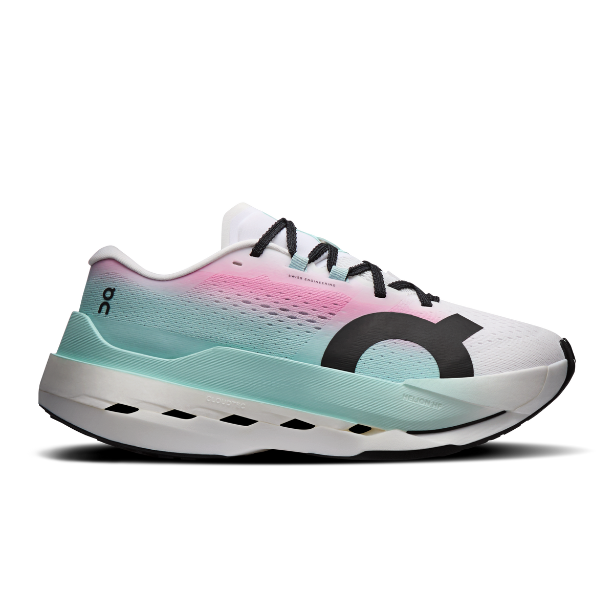 White running shoes with pink-to-teal gradient upper, black laces, cloud cushion sole
