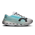 Men's white and teal running shoes with black laces and cushioned sole