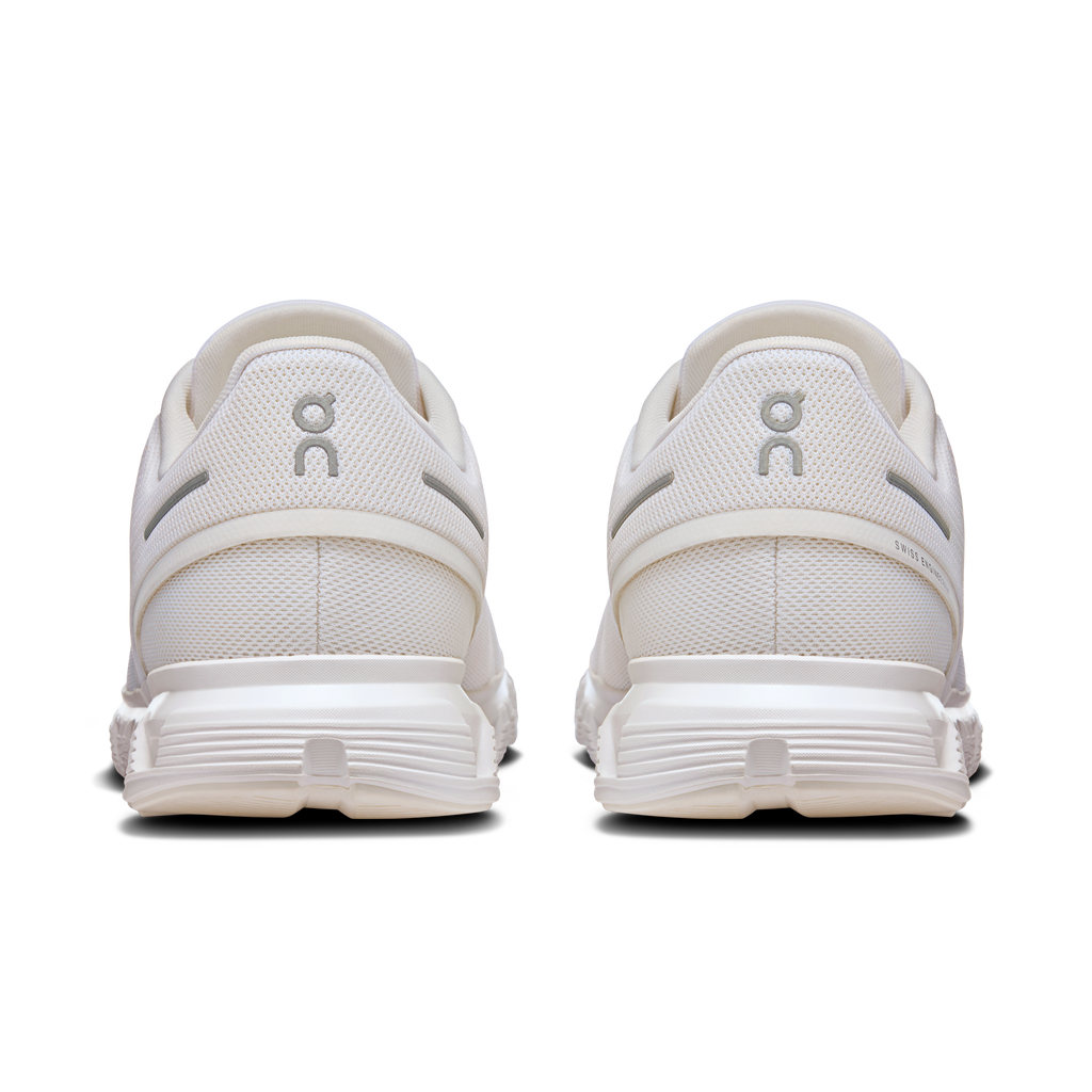 On Cloud 6 wide running shoes, white mesh heel and rear view with cushioned midsole