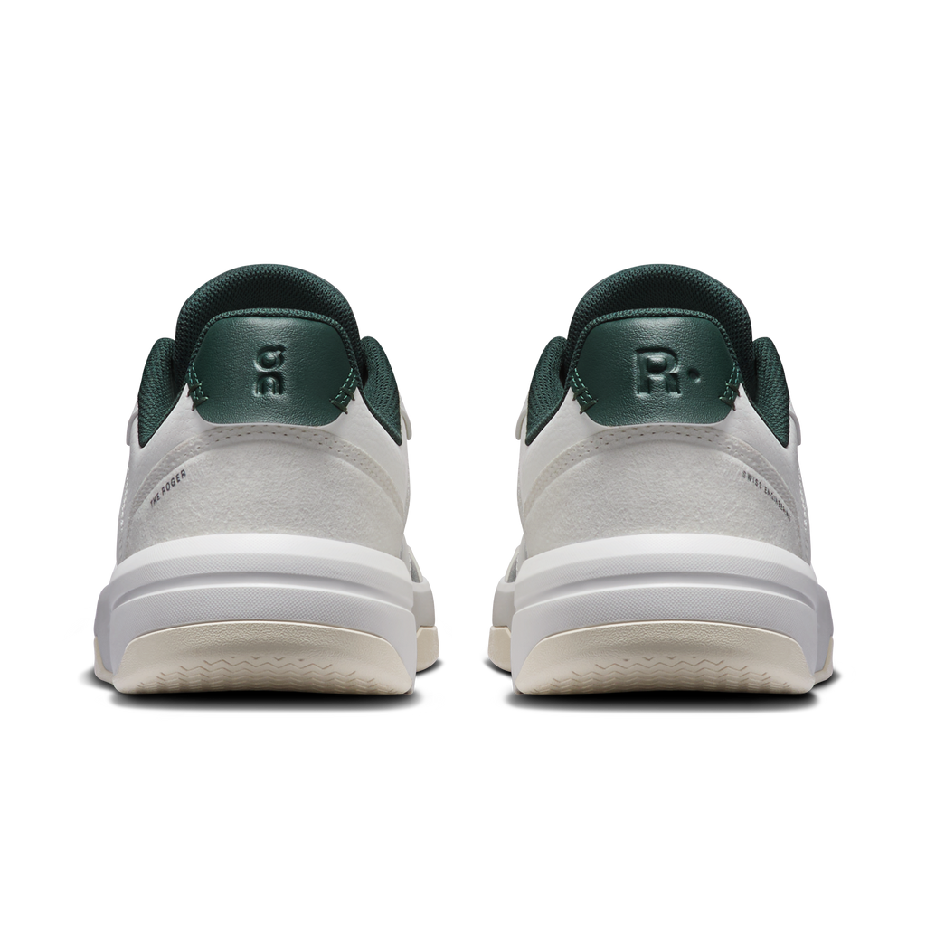 Women's back view sneakers with ivory uppers, olive heel lining, and padded collar