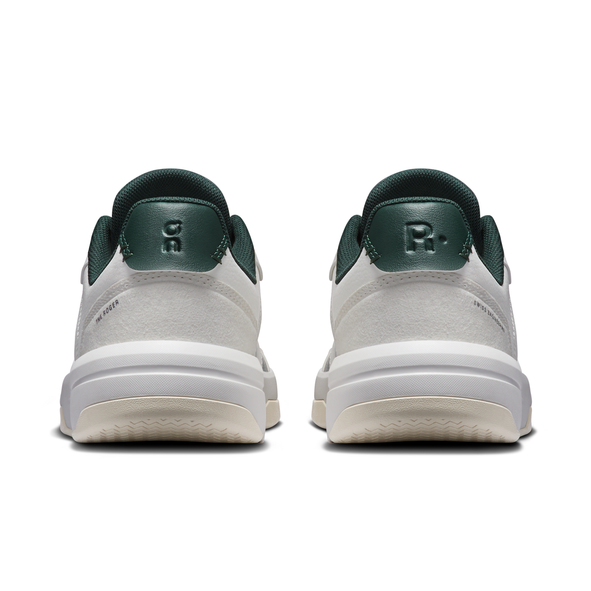 Women's back view sneakers with ivory uppers, olive heel lining, and padded collar