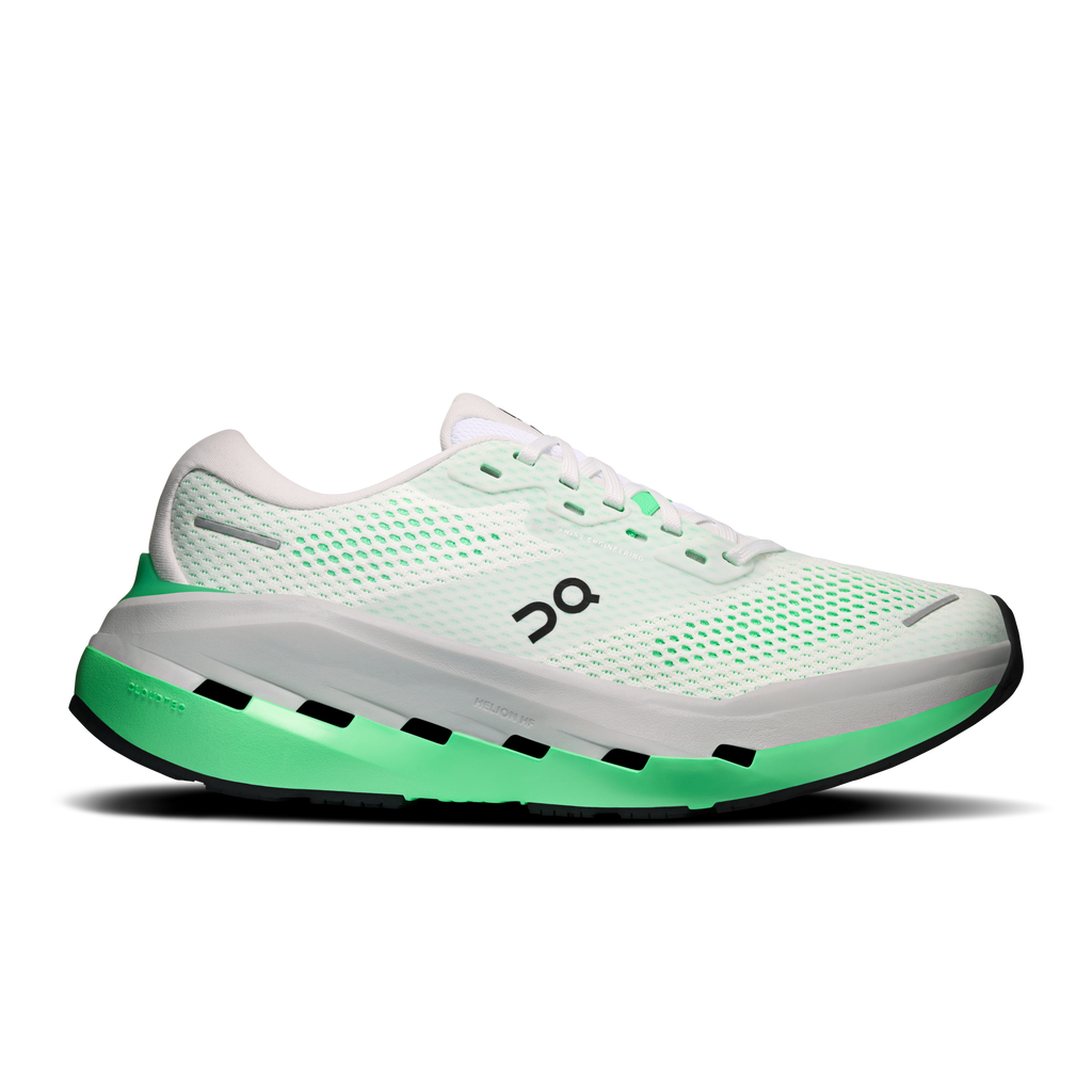 Women's running shoes, white mesh upper with mint-green accents and Cloud-inspired sole