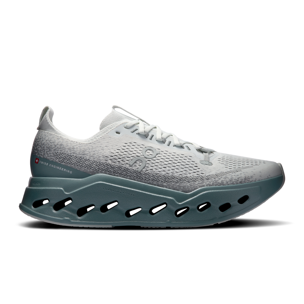 Men's running shoes in light gray with teal CloudTec sole and lace-up design