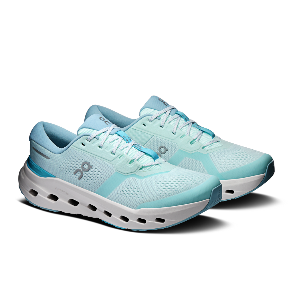 Men's On Cloudrunner 3 running shoes, light blue mesh upper with teal heel panel