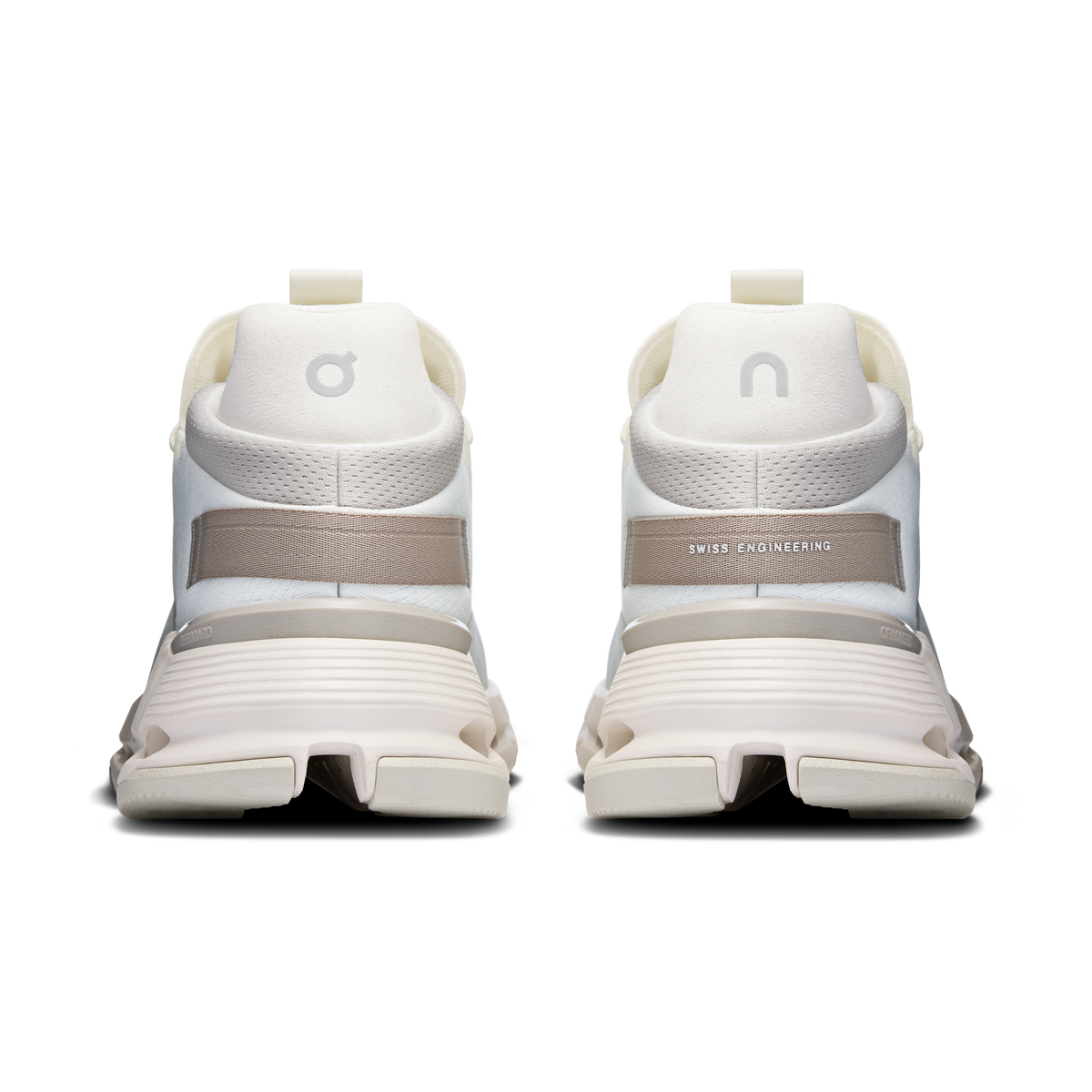 Back view of white running shoes with cushioned heel and Swiss Engineering label