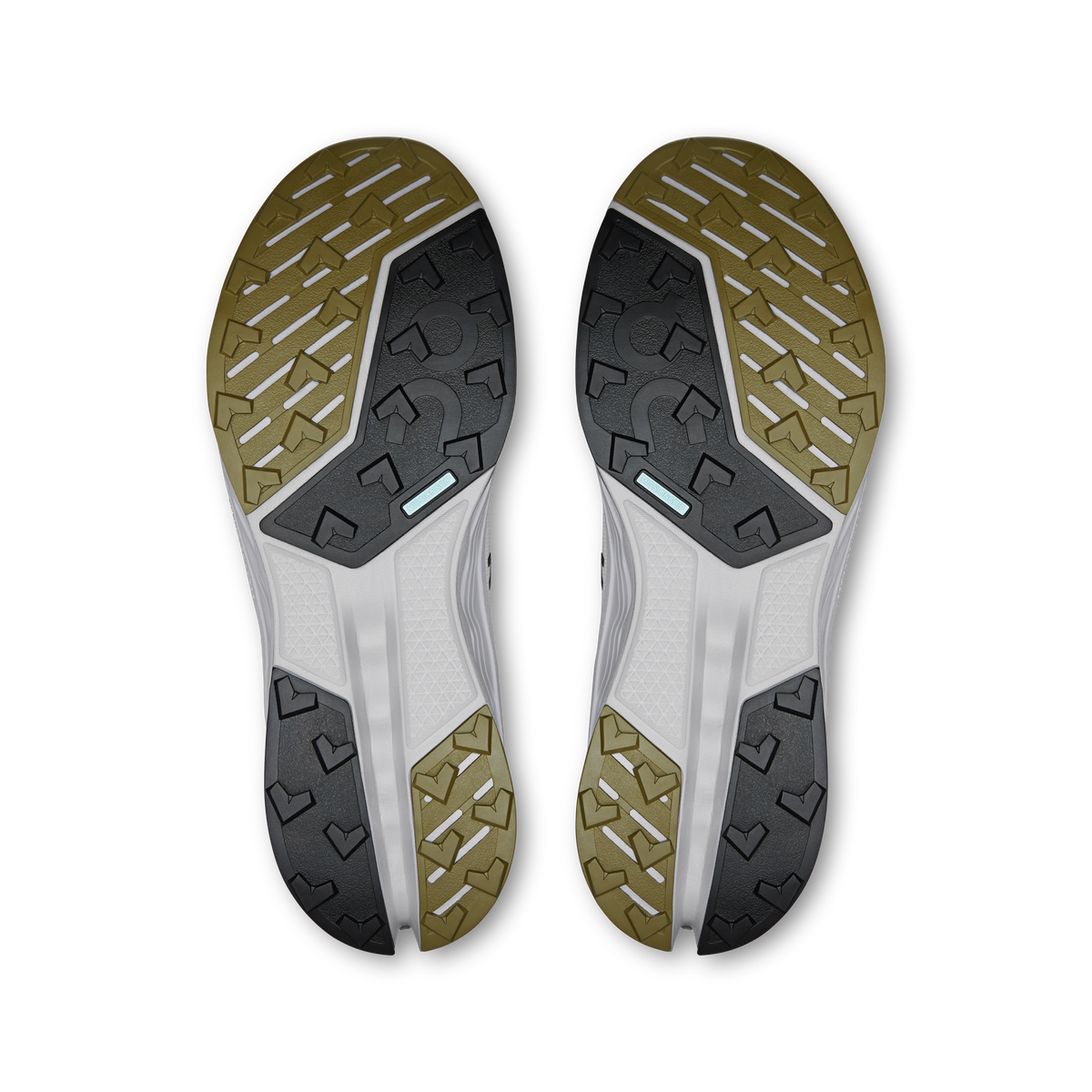 Men's trail running shoe outsoles, grippy tread with light and dark rubber panels