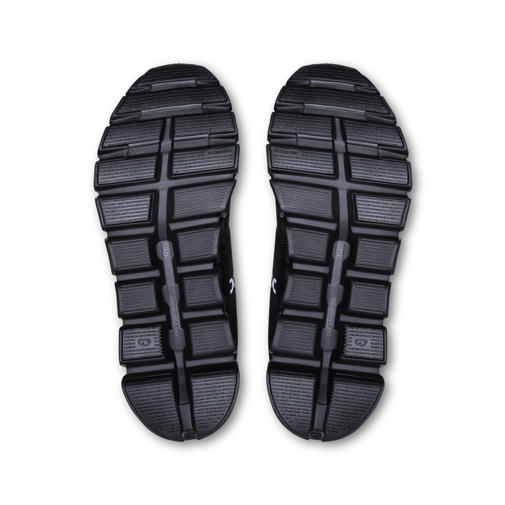 Pair of women’s waterproof running shoe outsoles with grippy tread pattern