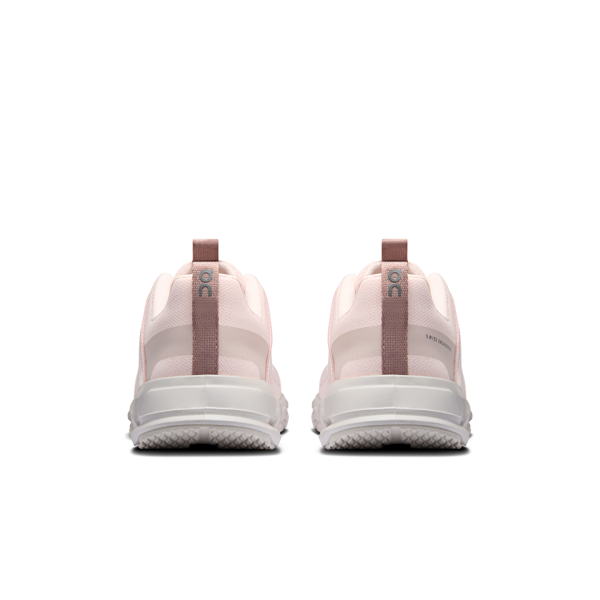Kids' running shoes heel view, pale pink back with white sole and lace loops