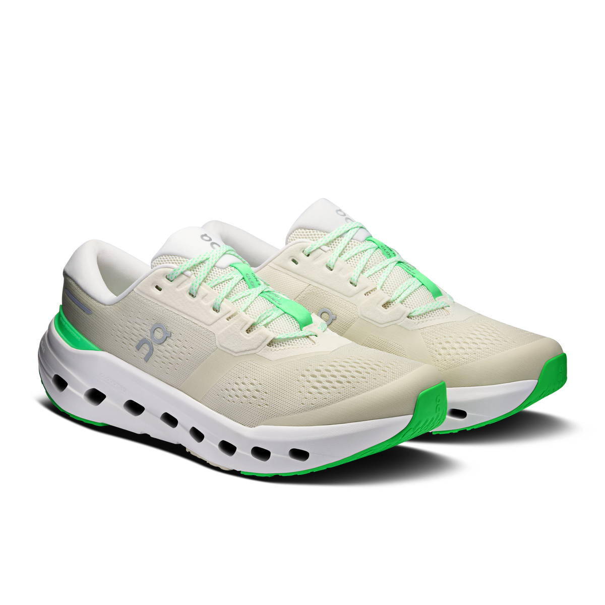Men's running shoes, side view: white mesh with mint green laces and heel trim.