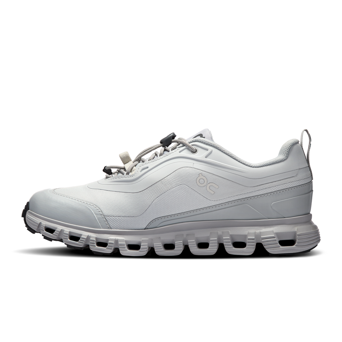 Women's waterproof On running shoe, light gray side profile with lace-up and CloudTec pods