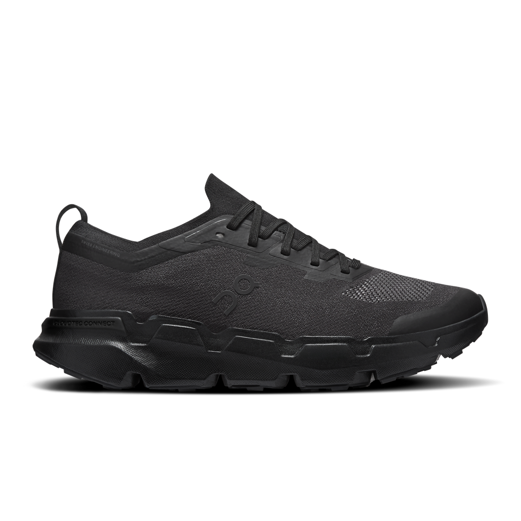 On men's black Cloudsoma running shoes, lace-up upper, cushioned sole