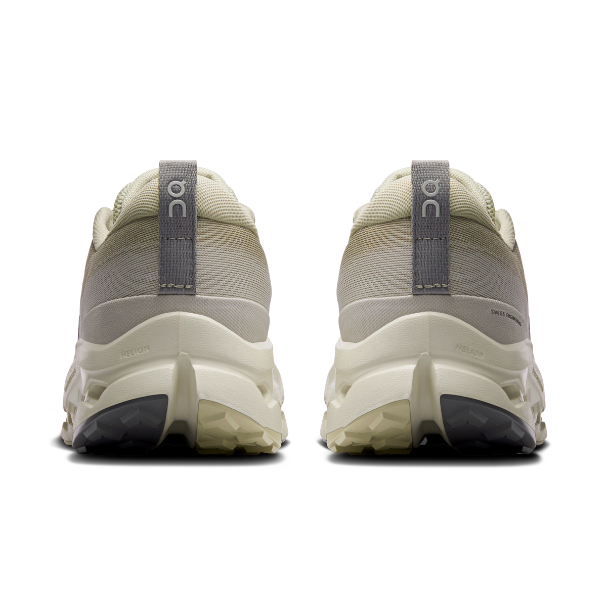 Men's trail running shoes, back view, light beige upper with heel pull tab