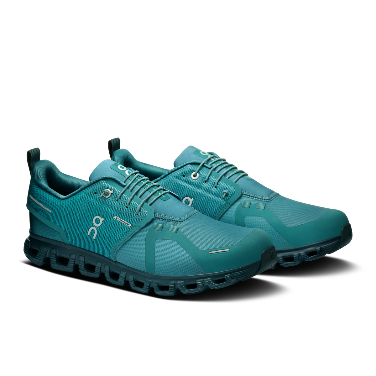 Men's waterproof running shoes in teal, lace-up knit upper with CloudTec cushioning sole