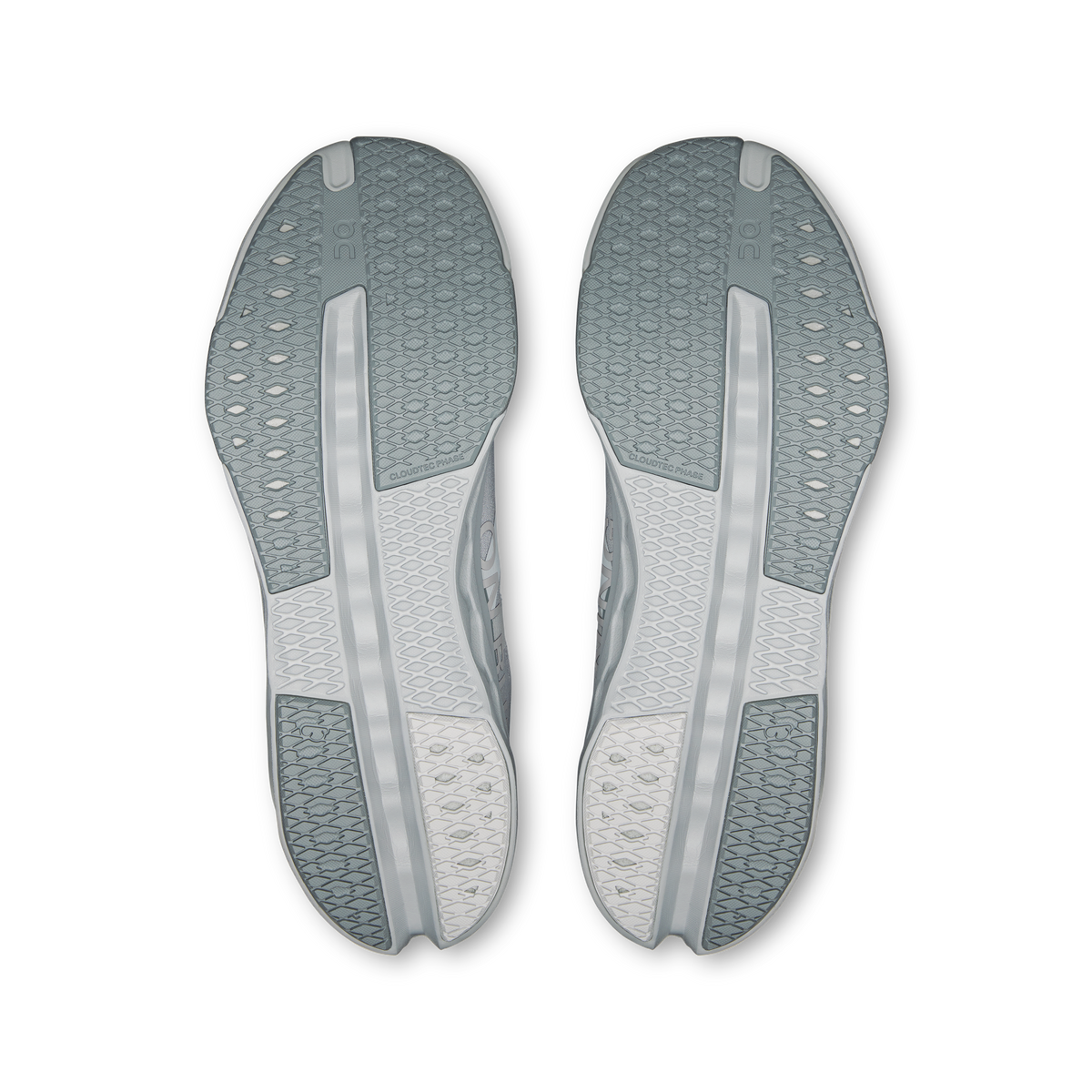 Men's On running shoes outsoles, textured gray rubber with vertical channels