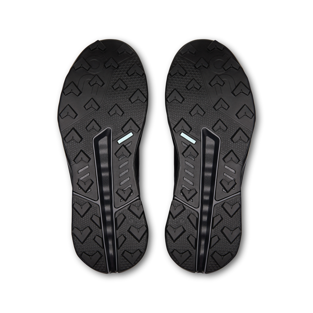 Dark shoe outsoles with raised tread pattern and deep grooves, pair view