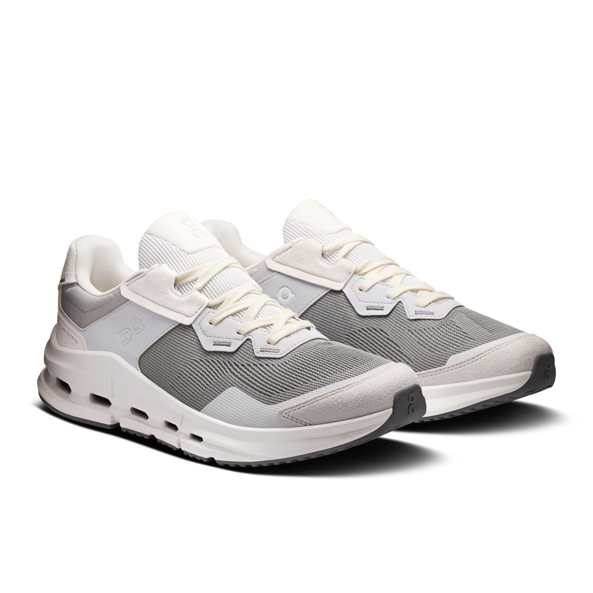 Men's lace-up running shoes, light gray upper with white midsole and padded collar
