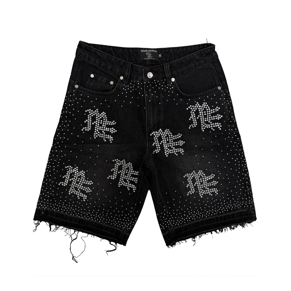 Men's black rhinestone denim shorts with embellished bow graphics, frayed hem