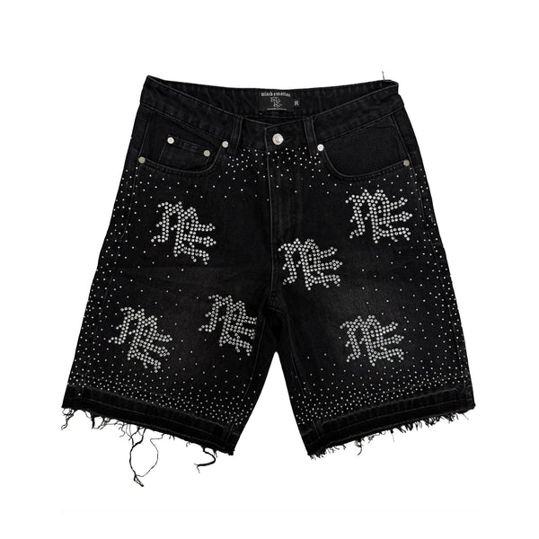 Men's black rhinestone denim shorts with embellished bow graphics, frayed hem