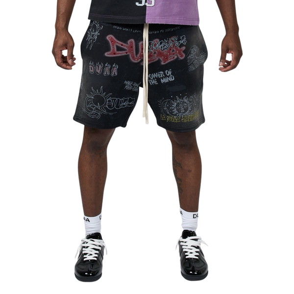 Men's black graphic short with moon and abstract text prints