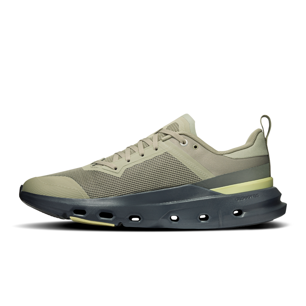 Men's lace-up running shoes with olive/iron colorblock, mesh upper, CloudTec pods