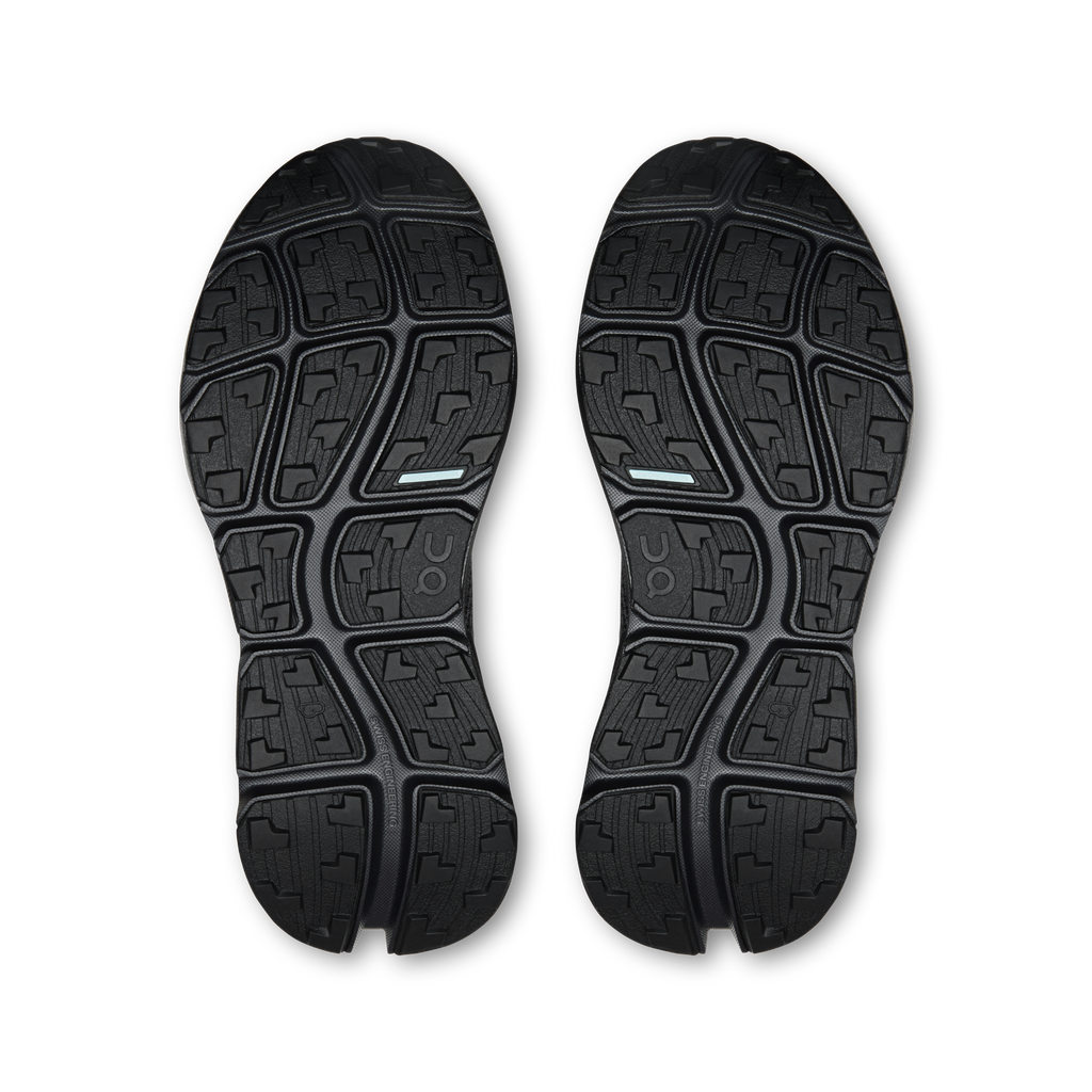Pair of black outsoles with deep tread pattern and On logo detail