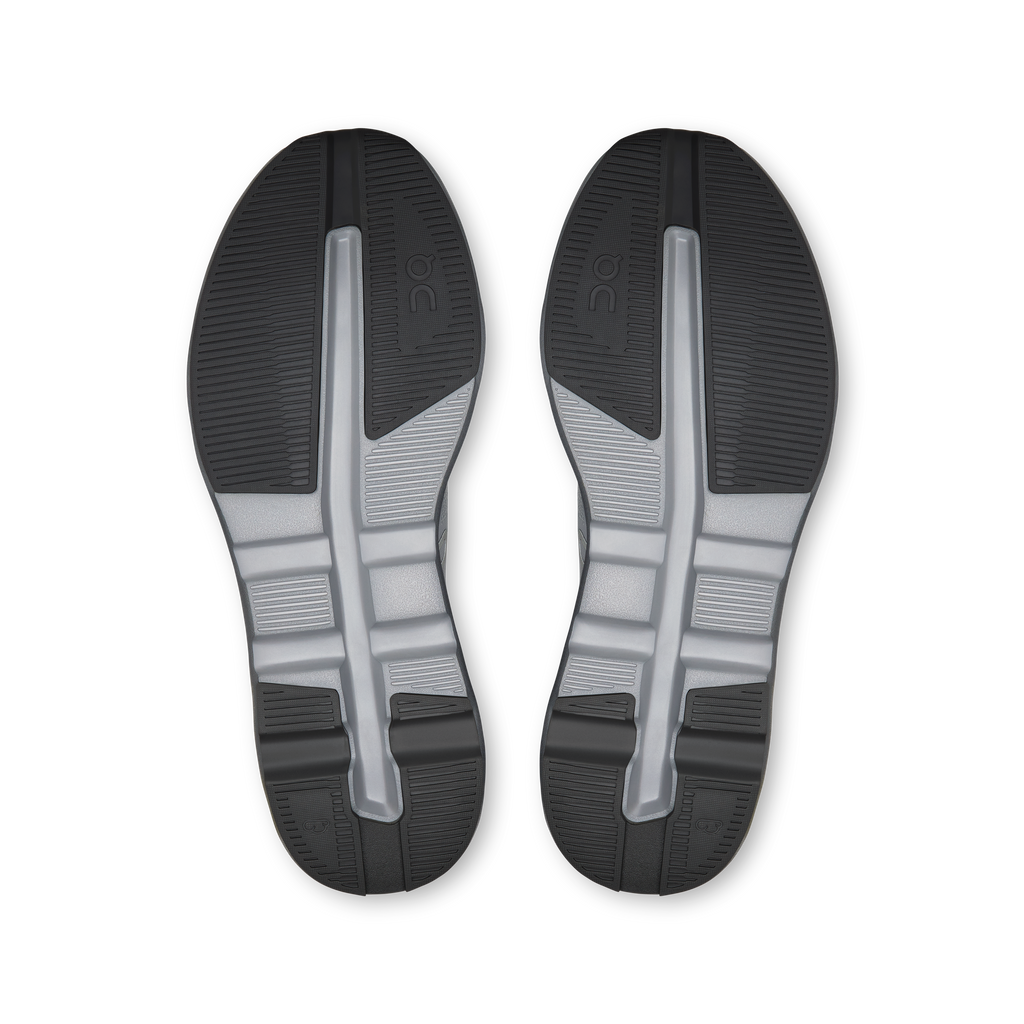 Shoe outsoles with textured tread and On logo, light gray and dark rubber