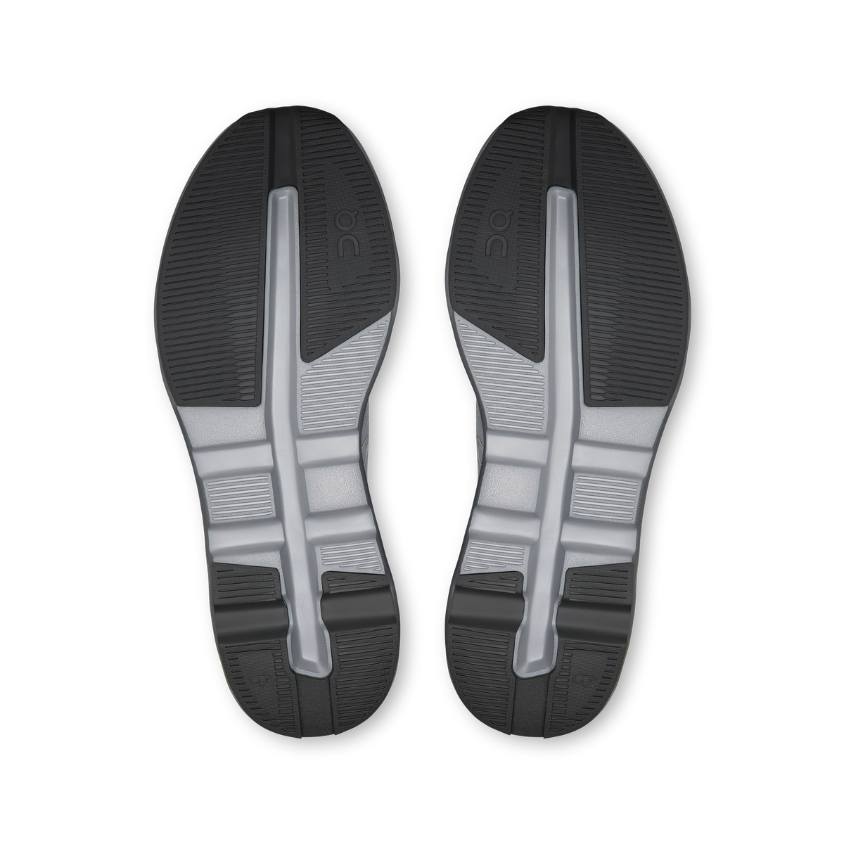 Shoe outsoles with textured tread and On logo, light gray and dark rubber