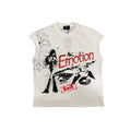 Men's white sleeveless tee with bold 'Emotion' graphic print