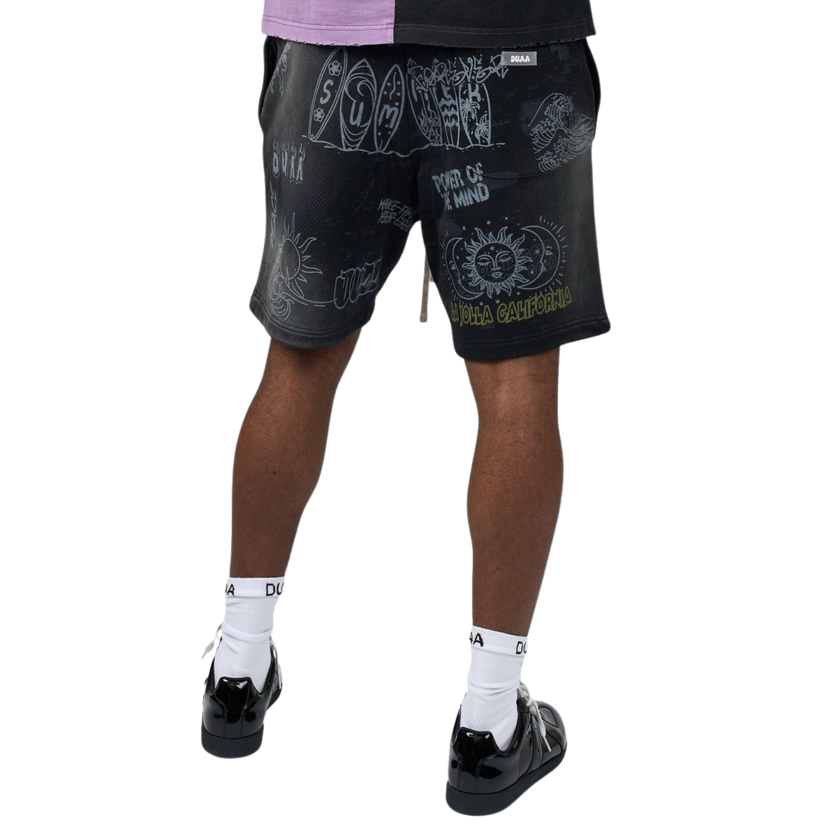 Men's black graphic shorts with large face and text prints