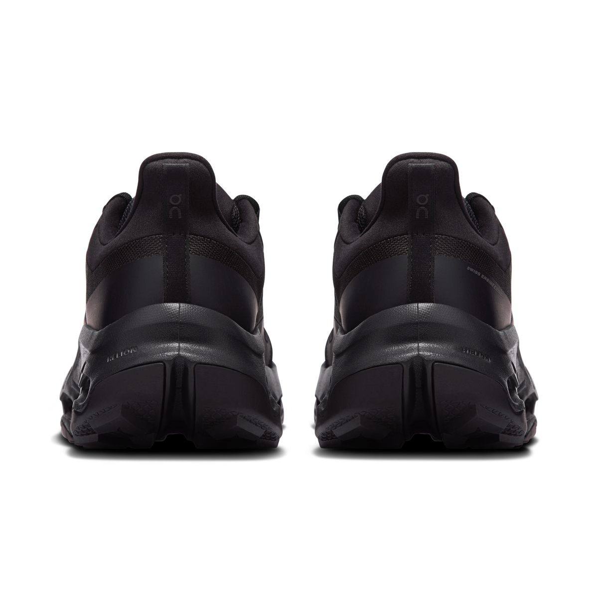 Men's black running shoes showing cushioned heel and collar, lace-up mesh