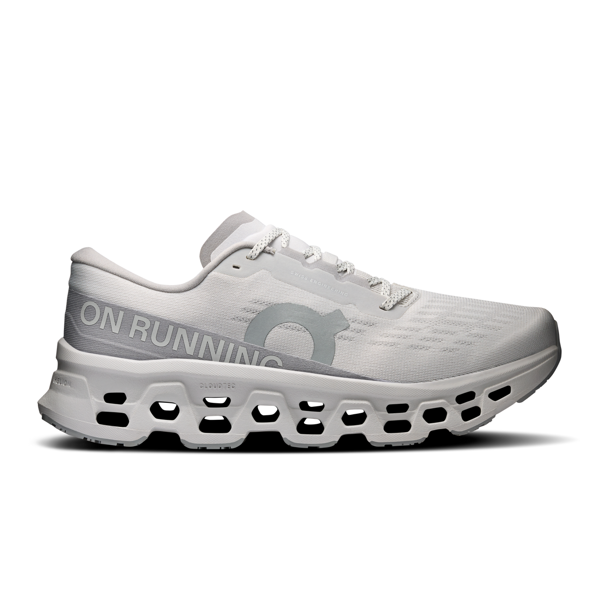 Men's light-gray running shoes with lace-up upper and Cloud-style cushioned sole