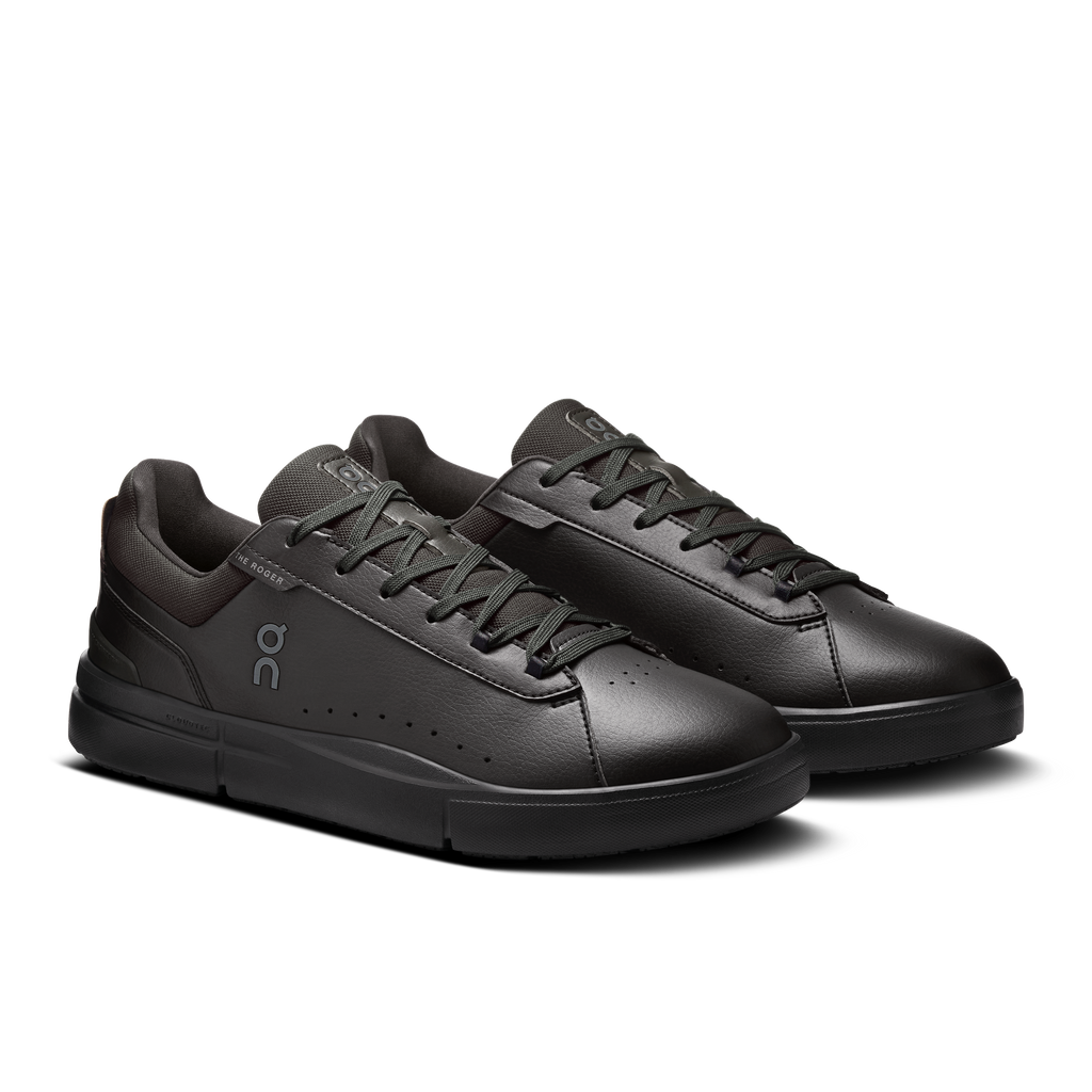 On men's black lace-up sneakers, side-by-side view, cushioned sole