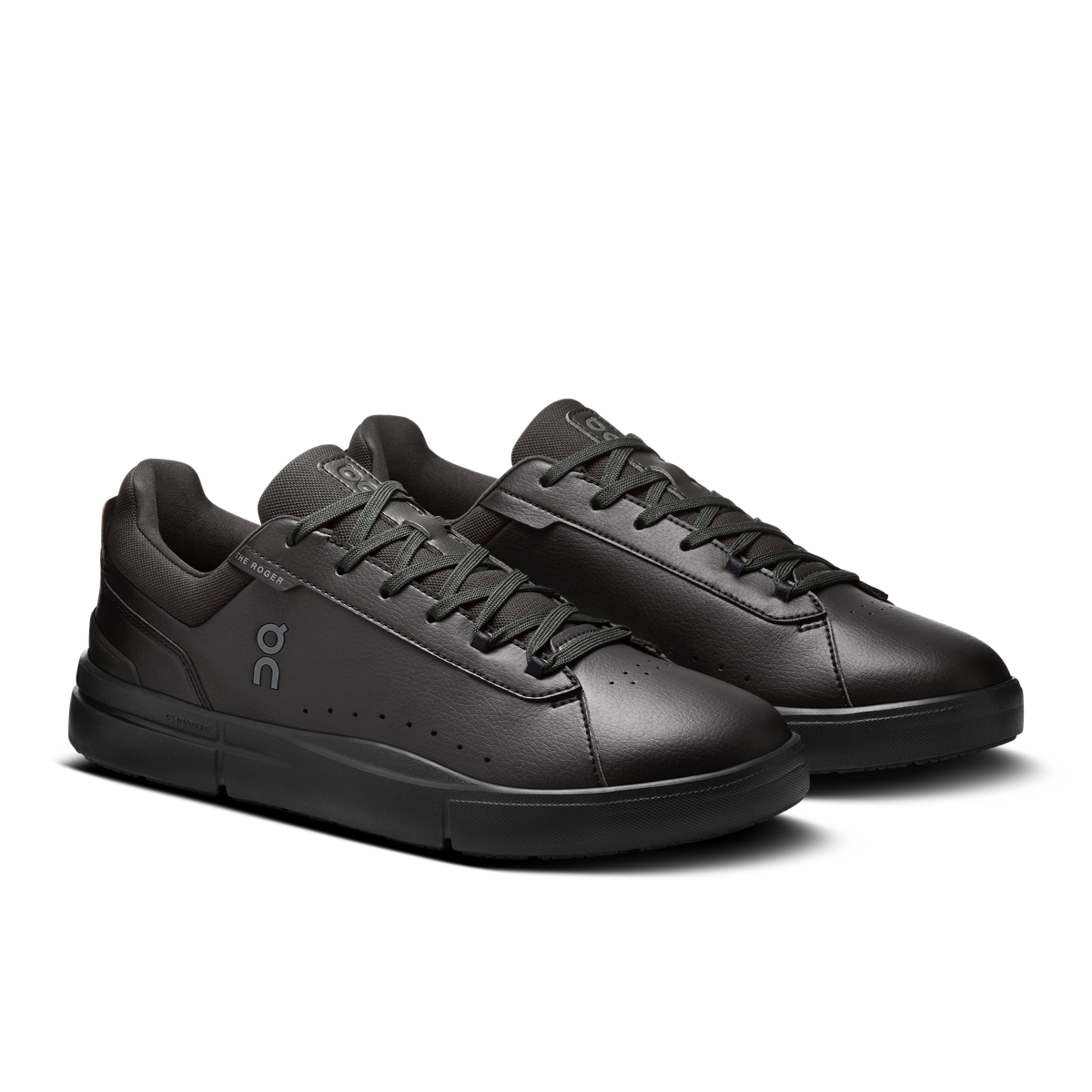 On men's black lace-up sneakers, side-by-side view, cushioned sole