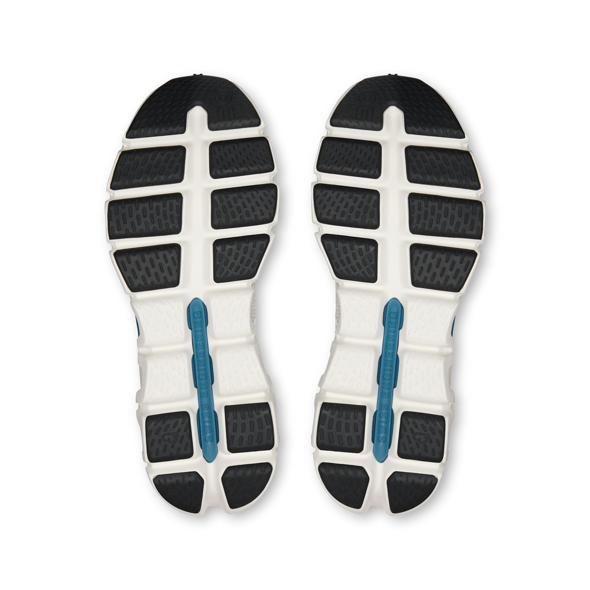 Running shoe outsoles with black traction pods and blue vertical support bars