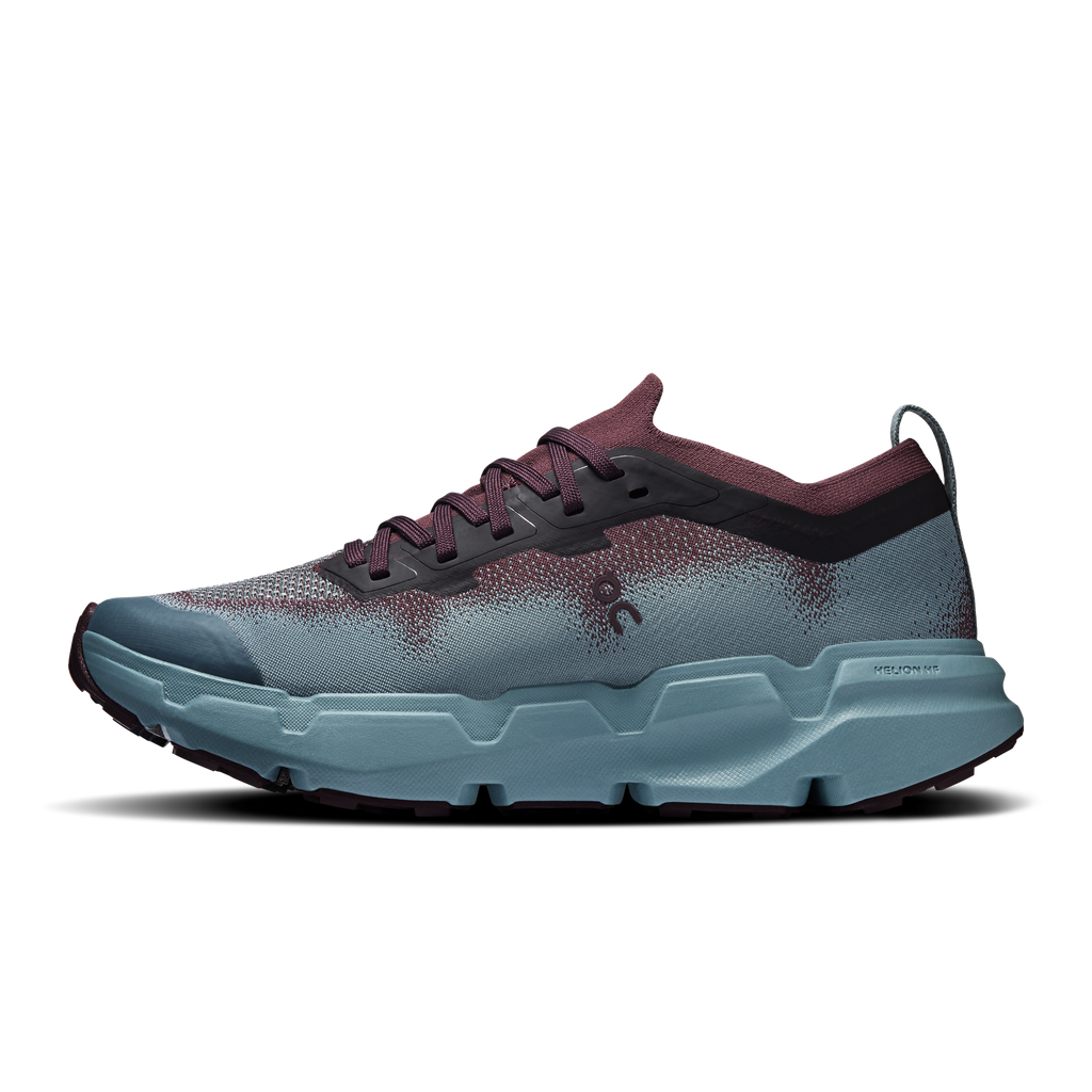 On Running women's CloudSoma lace-up shoes with blue-gray knit and mauve heel sole
