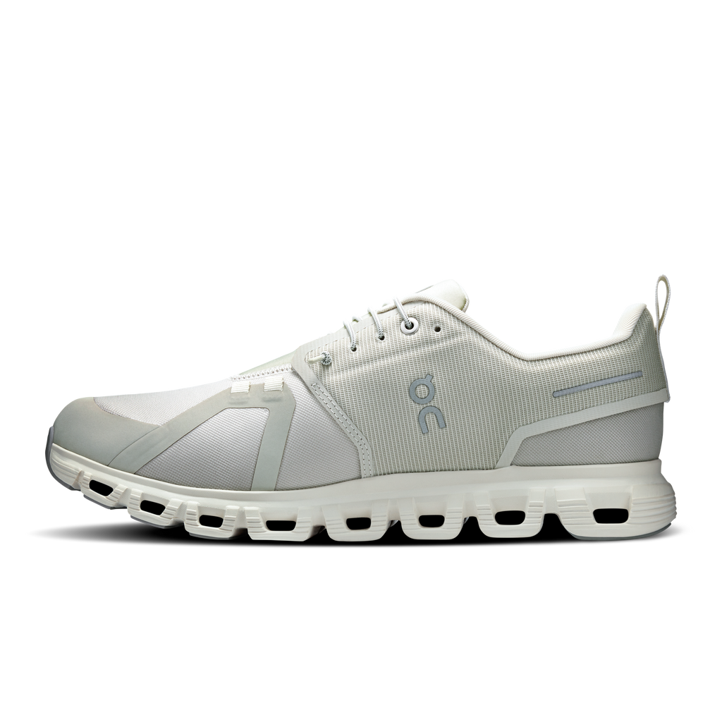 Men's waterproof running shoes side profile, light gray mesh panels and lace-up