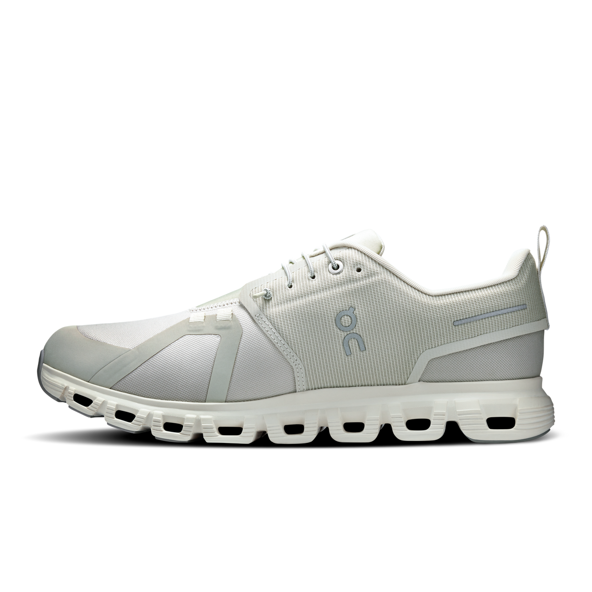 Men's waterproof running shoes side profile, light gray mesh panels and lace-up