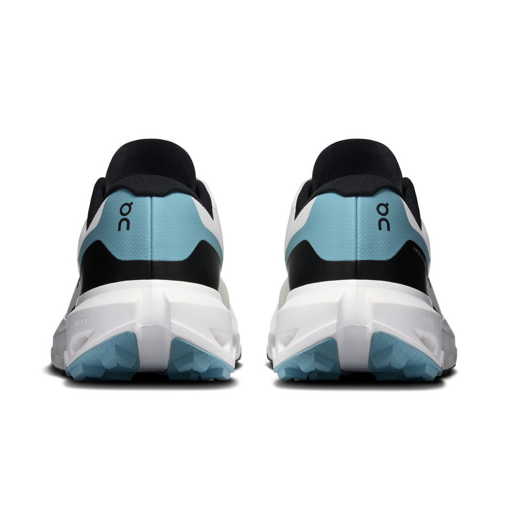 Men's back view running shoes, ivory upper with black heel and light-blue panels