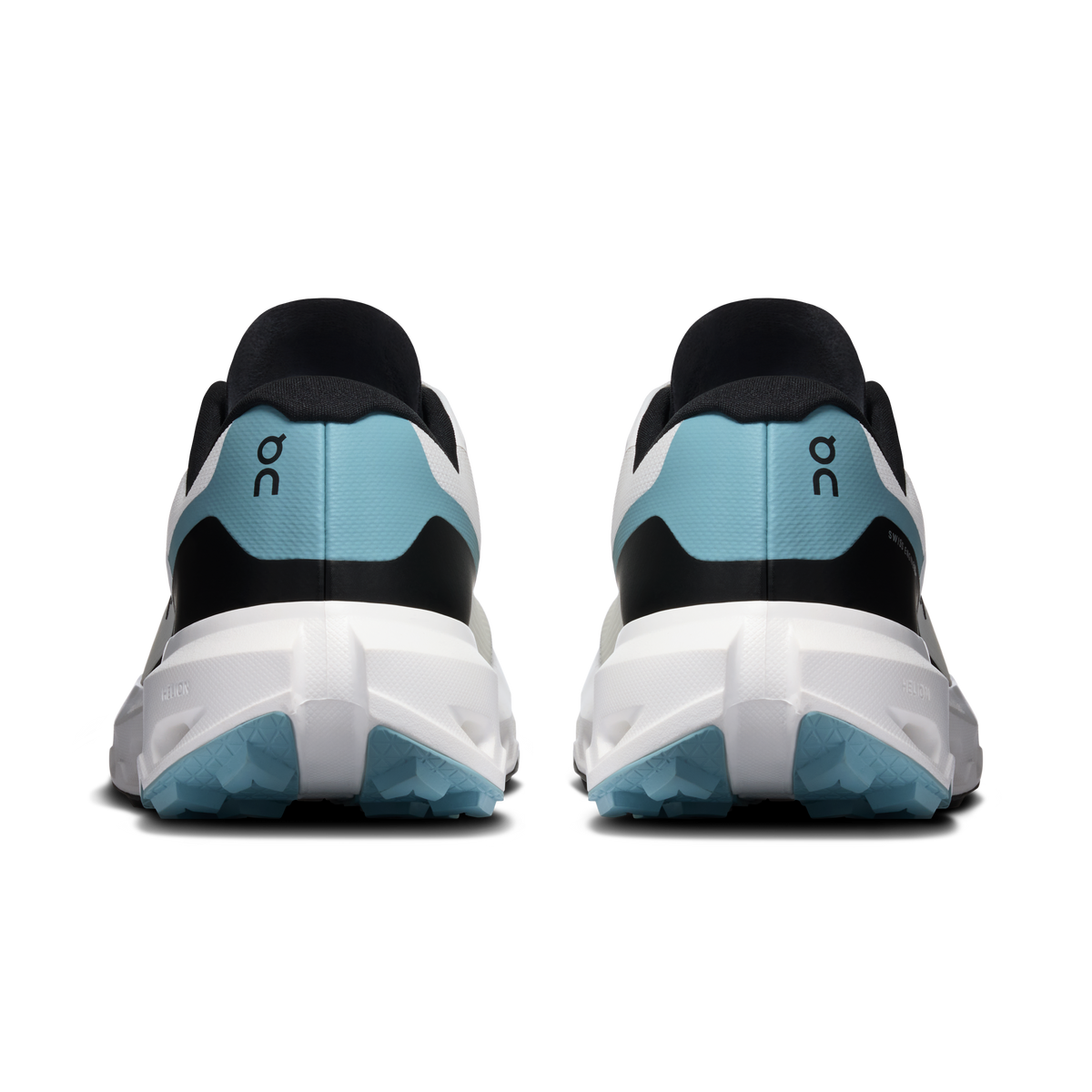 Men's back view running shoes, ivory upper with black heel and light-blue panels