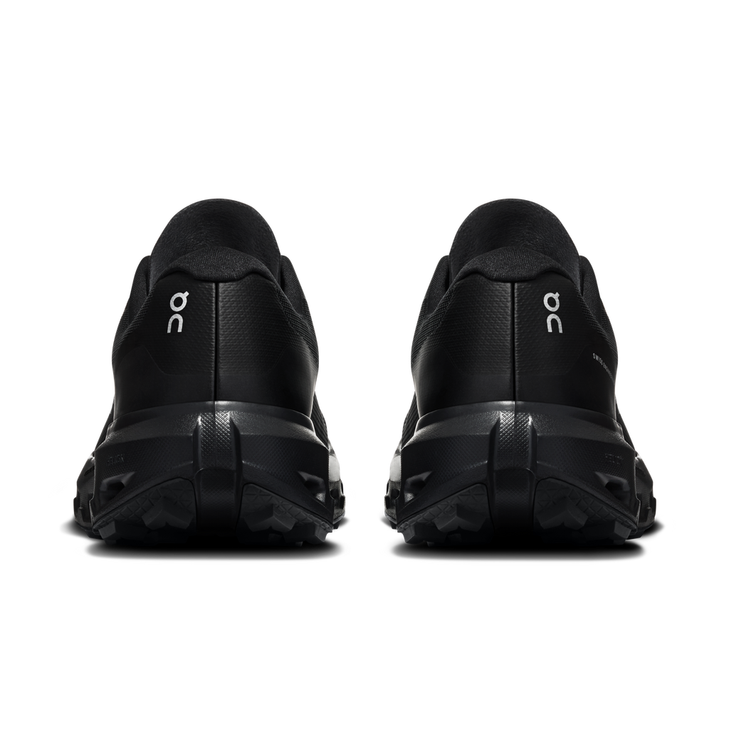 On Cloudvista 3 black running shoes, heel and back view, cushioned sole