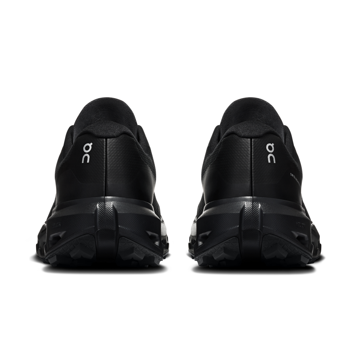 On Cloudvista 3 black running shoes, heel and back view, cushioned sole