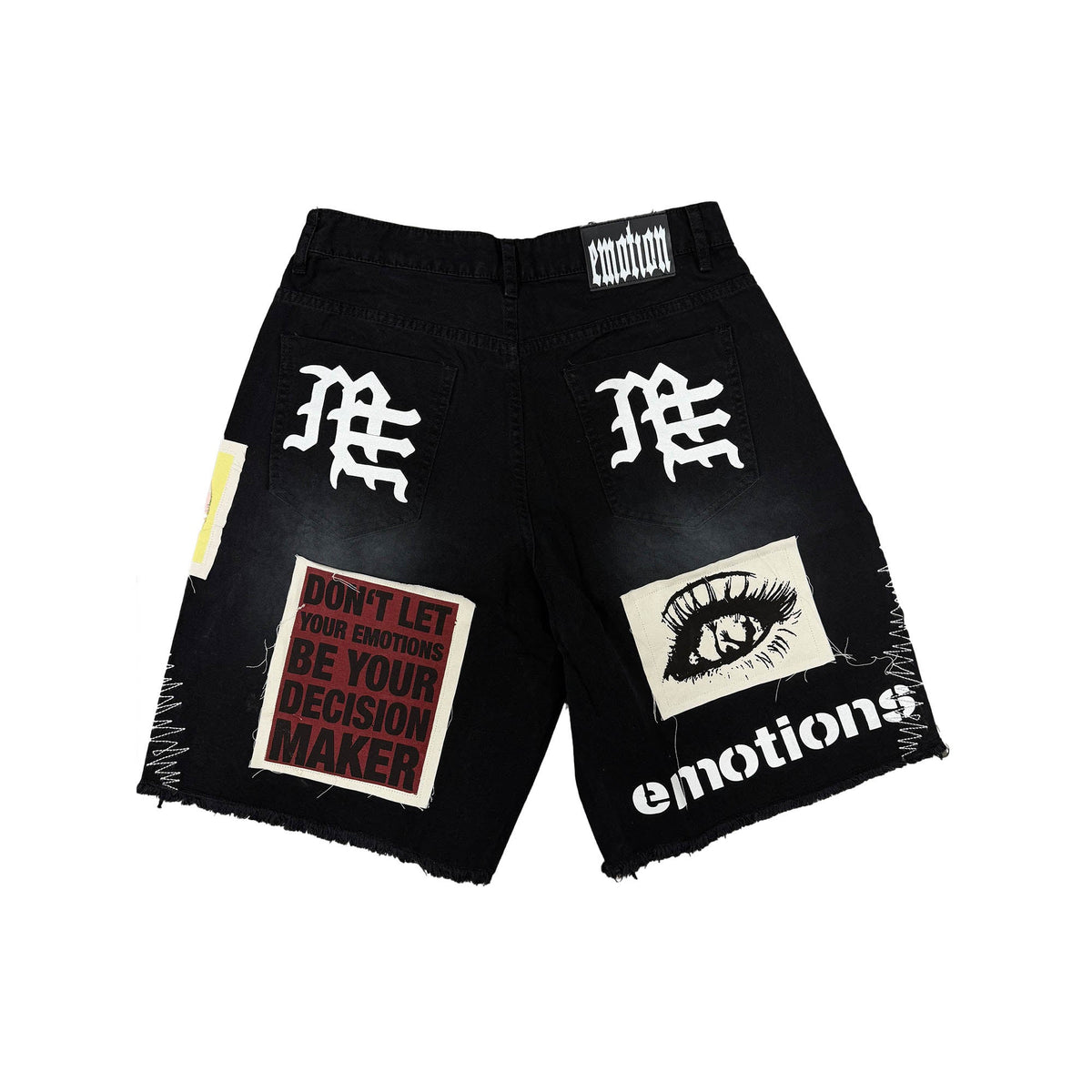 Men's black graphic carpenter shorts with eye and text prints on legs