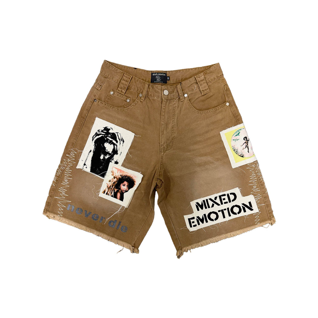 Men's brown carpenter shorts with graphic patches and logo text, frayed hem