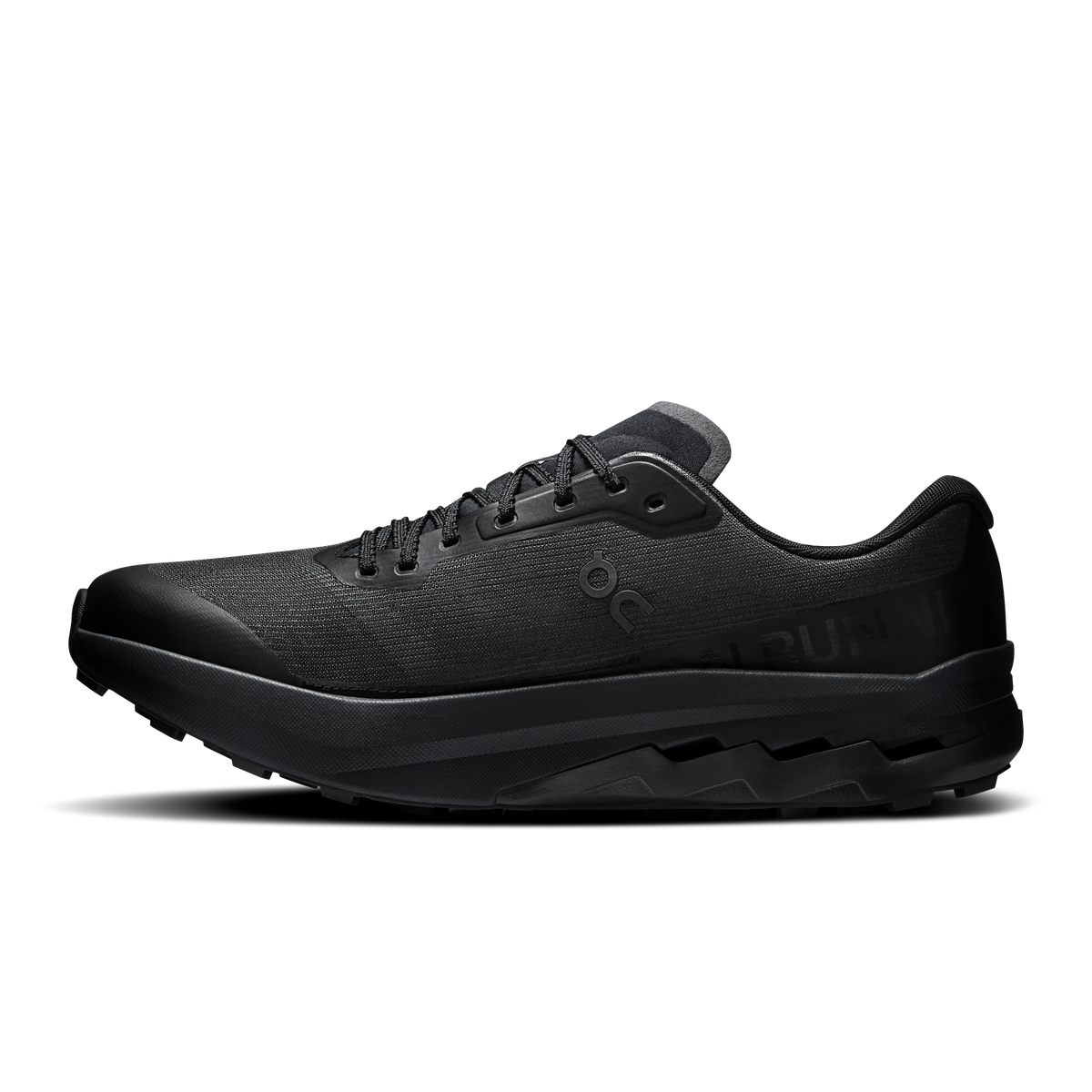 Men's On running shoes, black side profile with lace-up upper and rubber sole
