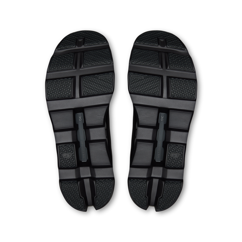 Black shoe outsoles with grippy tread and segmented cushioning pods