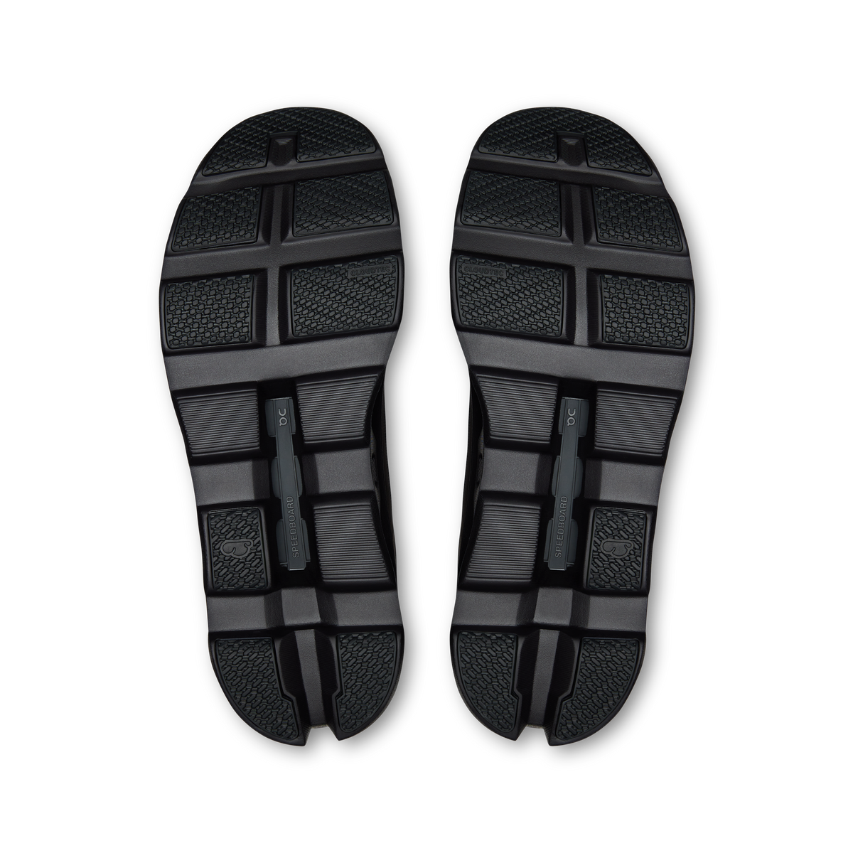 Black shoe outsoles with grippy tread and segmented cushioning pods