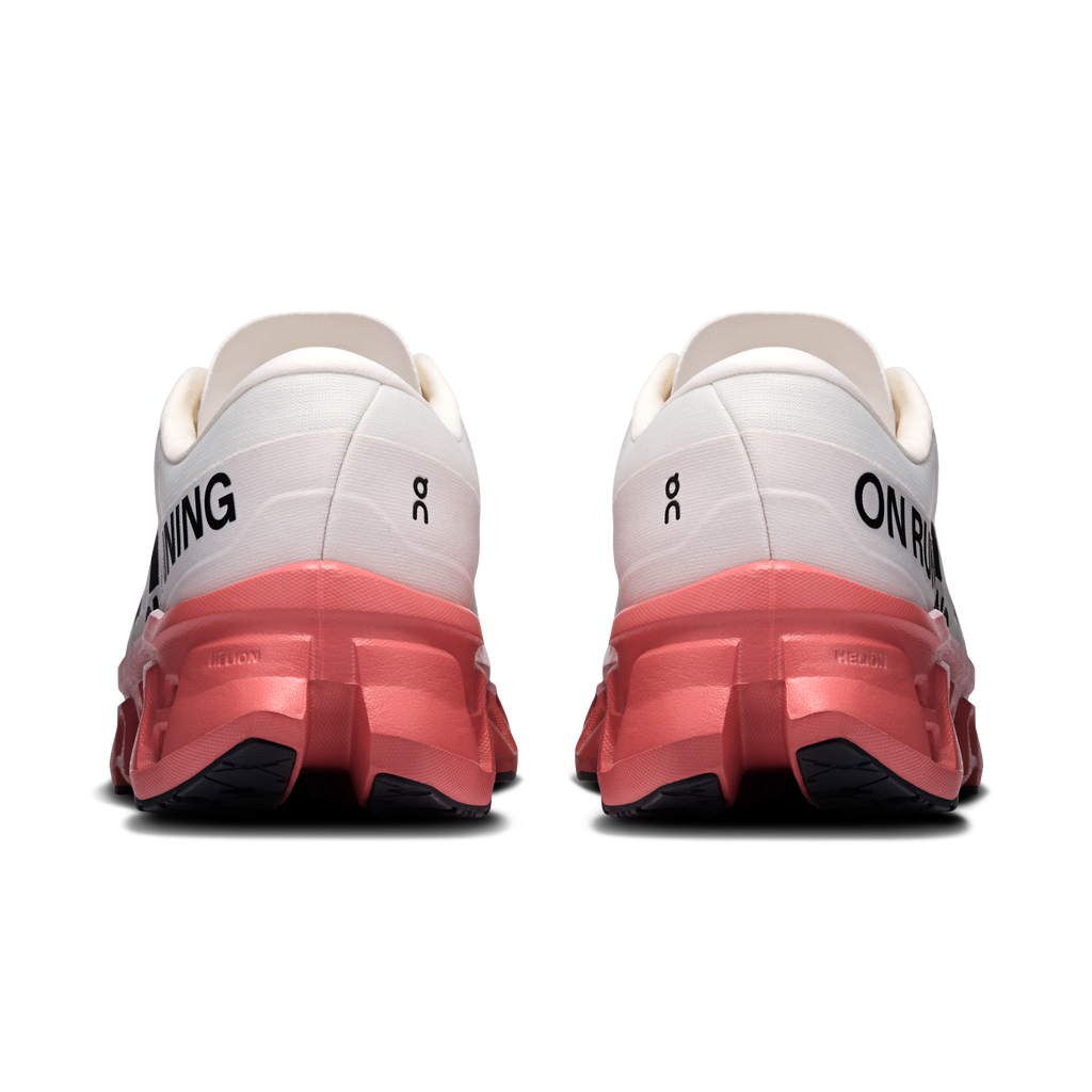 On Cloudmonster 3 men’s running shoe, rear view with ivory heel and red sole