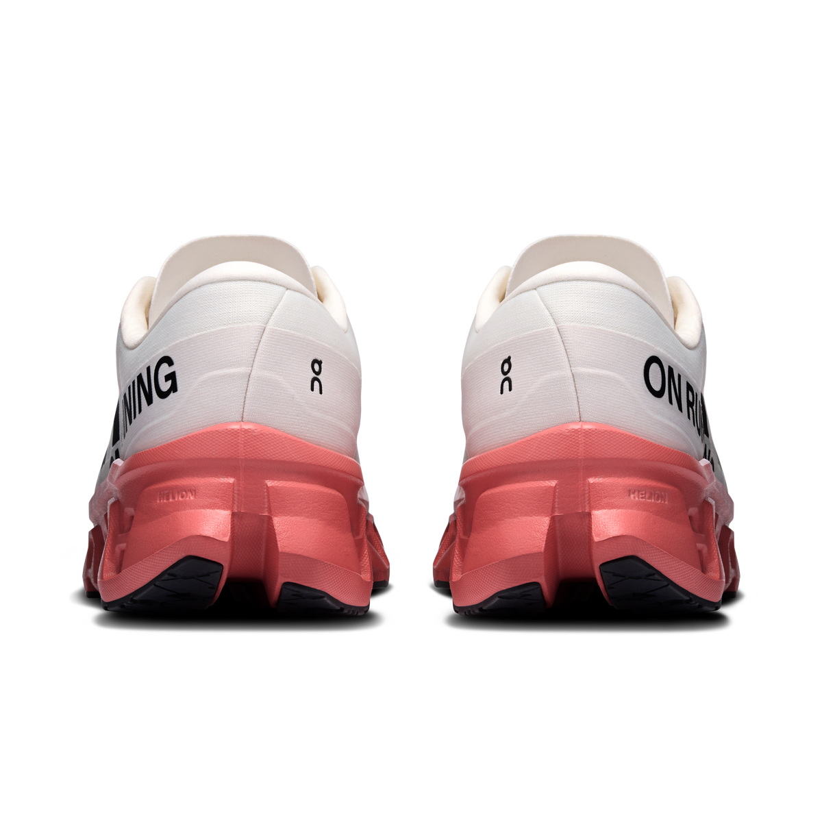 On Cloudmonster 3 men’s running shoe, rear view with ivory heel and red sole